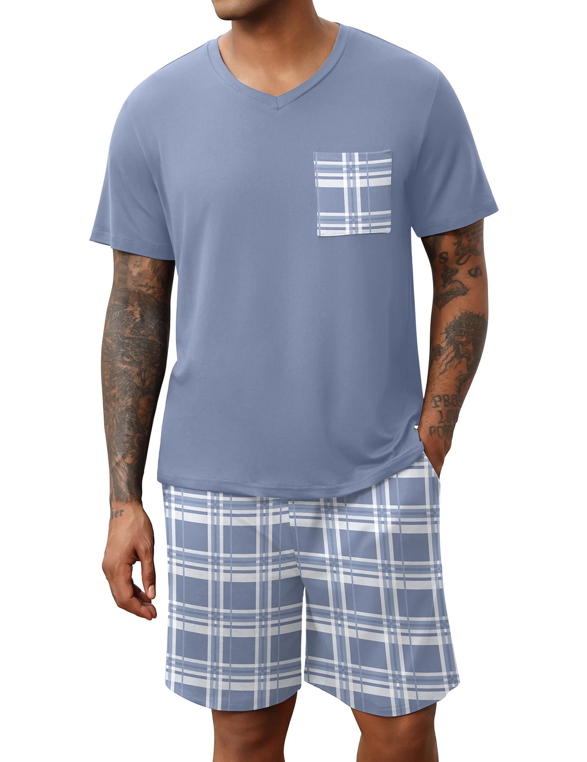 Ekouaer Mens Pajamas Set Soft Lounge Set V Neck Sleep Nightwear Short Sleeve Pjs with Pocket S-XXL