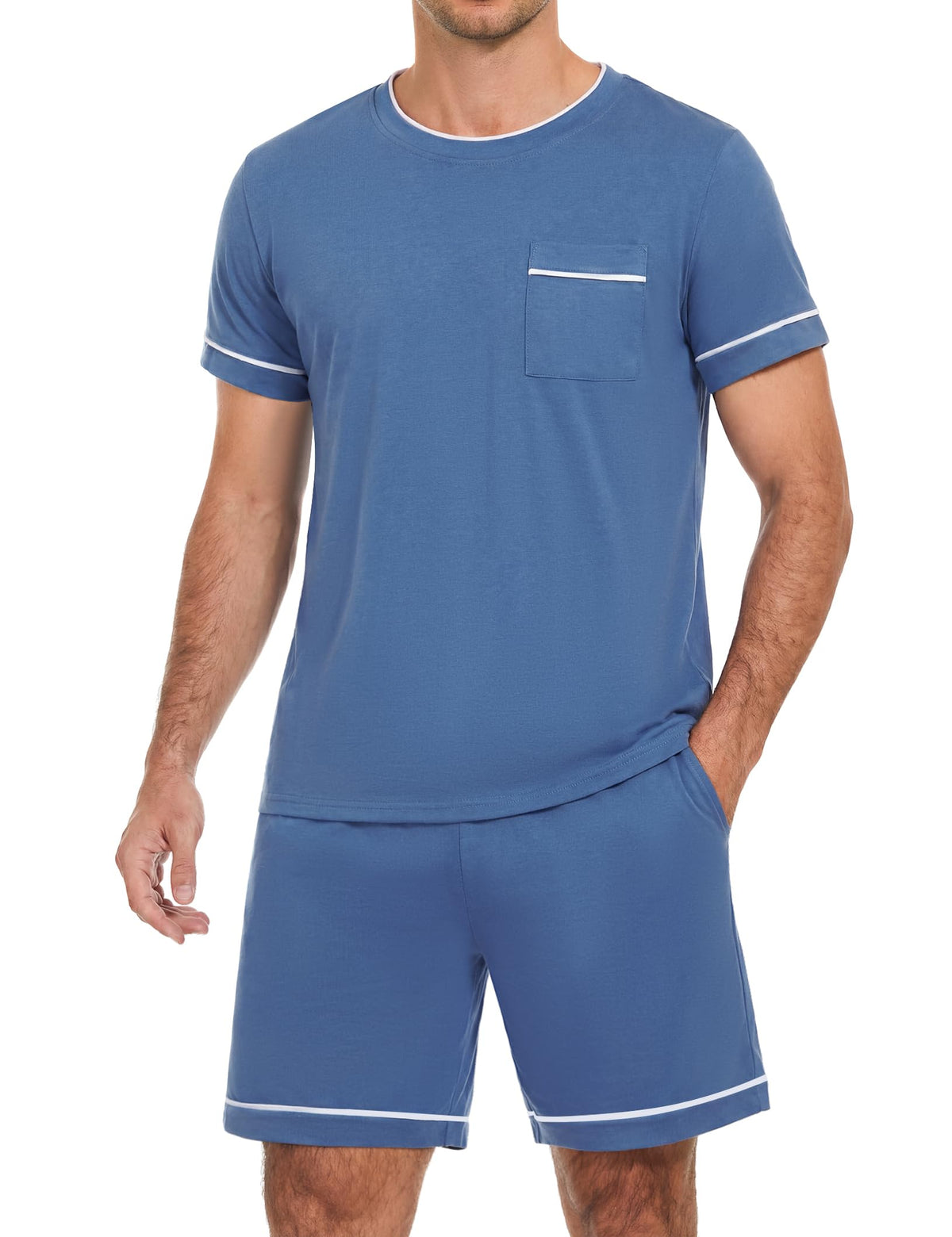 Sykooria Mens Pajamas Set Cotton Pajamas Shorts Set Short Sleeve Pjs Sets Soft Sleepwear S-XXL