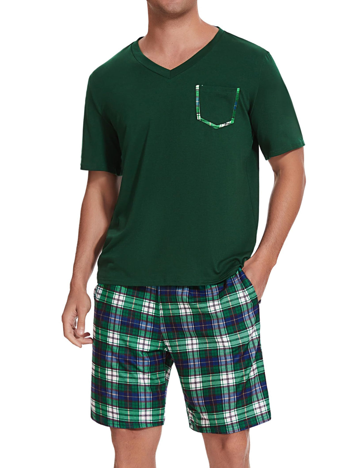Sykooria Mens Cotton Pajamas Set 2 Piece Soft Sleepwear Short Sleeve Top & Plaid Shorts With Pockets