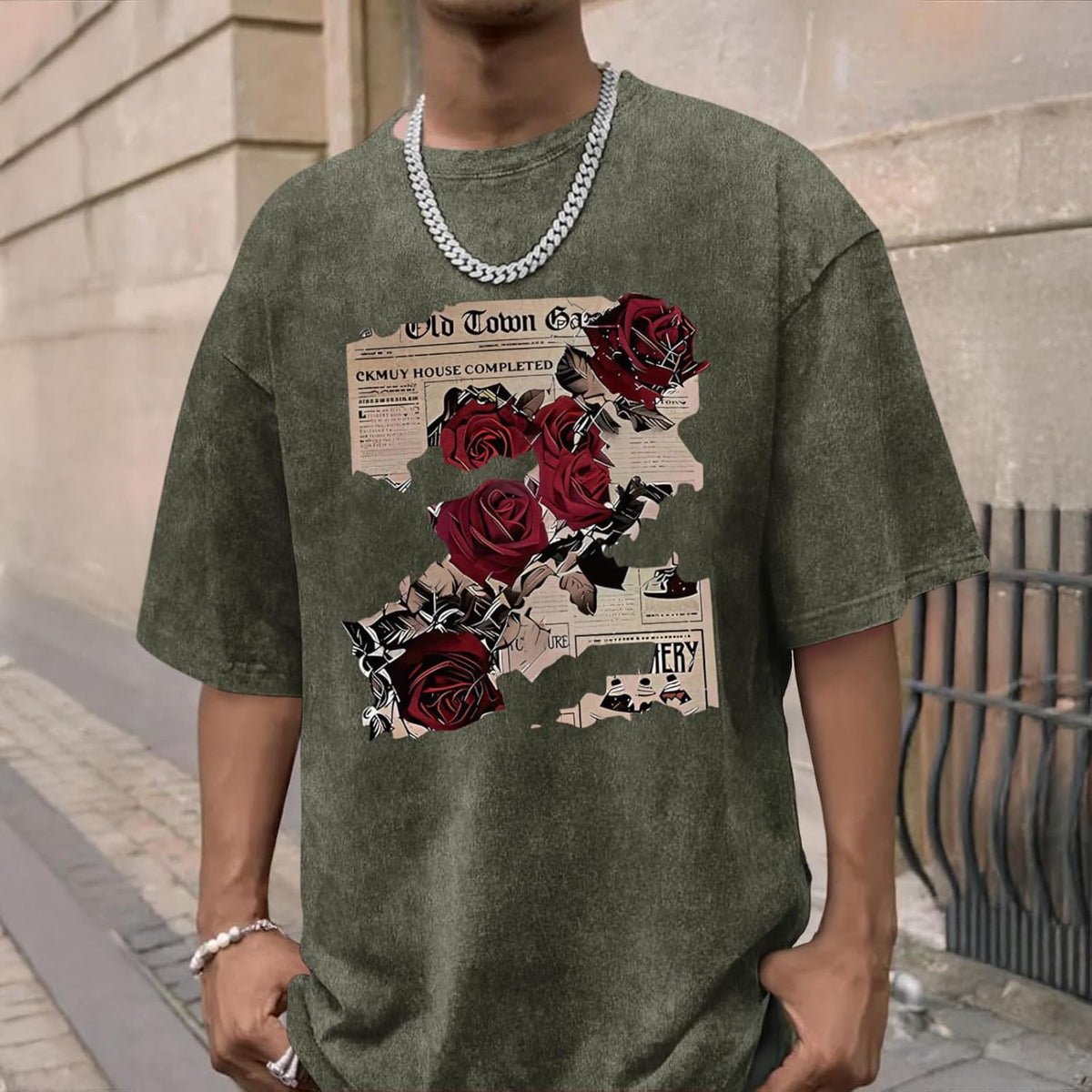 BeWithYou Mens Oversized Graphic T-Shirt Rose Floral Print Vintage Y2k Grunge Shirts Goth Shirt Gothic Tshirt Acid Wash Tops