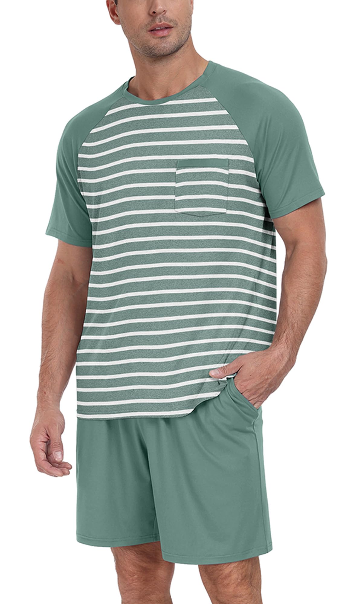 PrinStory Men‘s Pajama Set Summer Pjs Sleepwear Nightwear Lightweight Quick Dry Soft Stripe Sleep Set With Pocket S-2XL