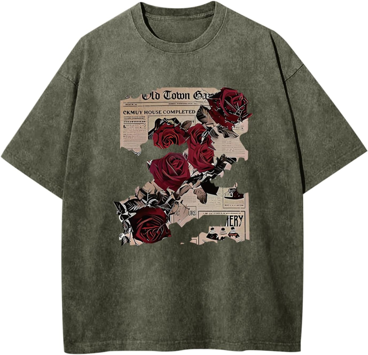 BeWithYou Mens Oversized Graphic T-Shirt Rose Floral Print Vintage Y2k Grunge Shirts Goth Shirt Gothic Tshirt Acid Wash Tops