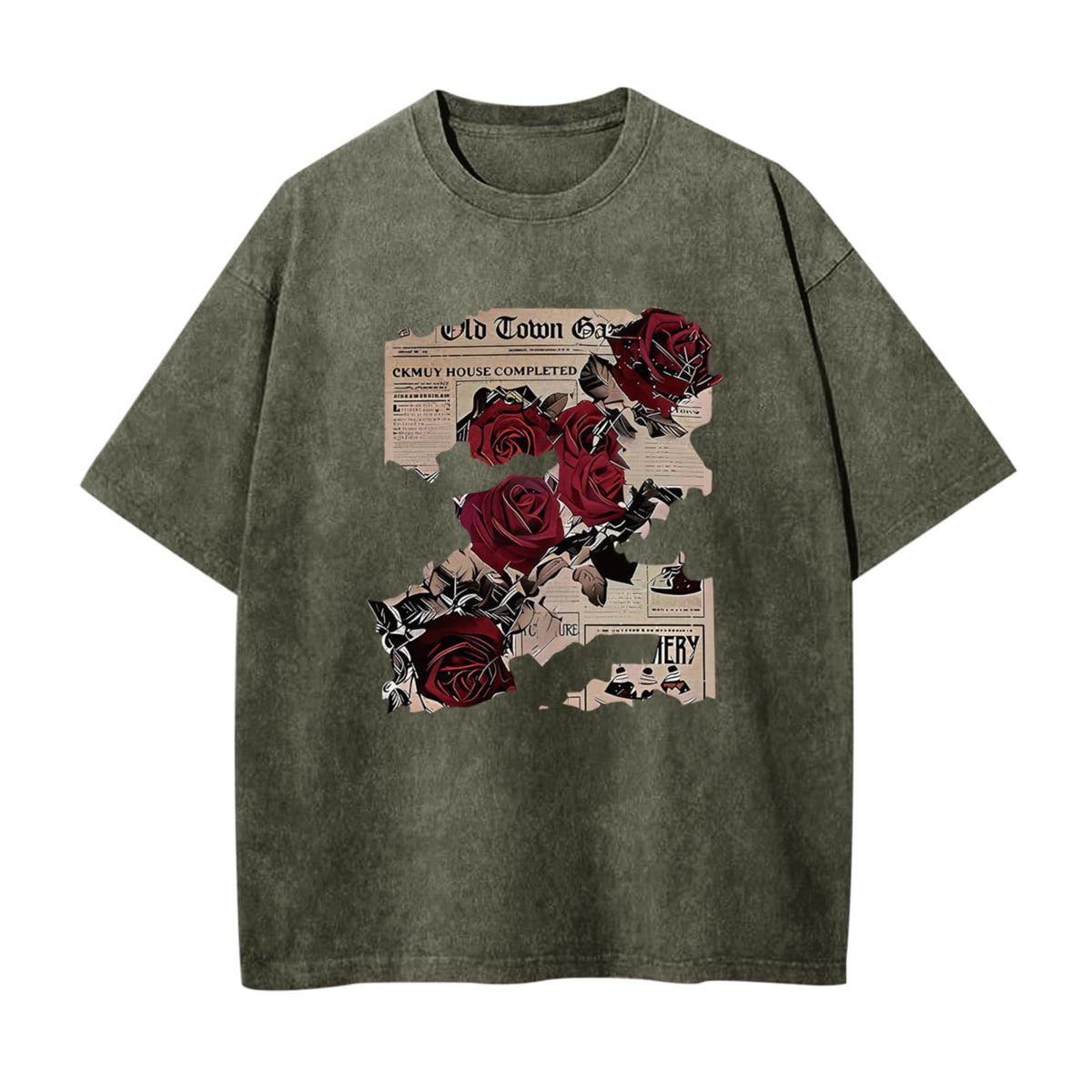 BeWithYou Mens Oversized Graphic T-Shirt Rose Floral Print Vintage Y2k Grunge Shirts Goth Shirt Gothic Tshirt Acid Wash Tops