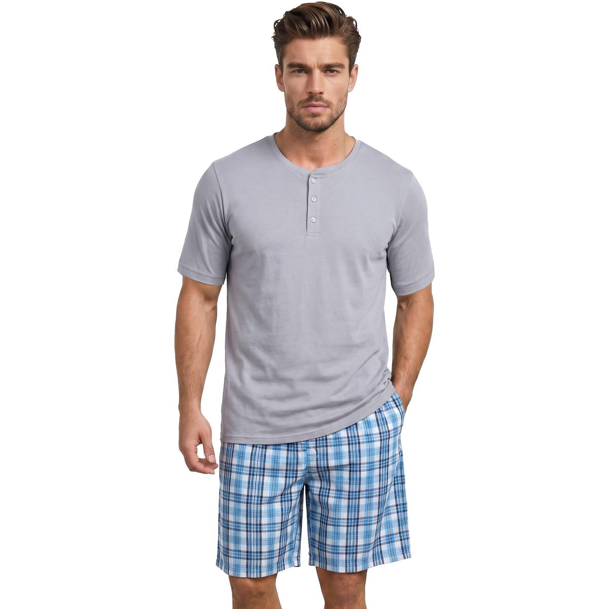 Vulcanodon Mens Pajama Set 100% Cotton Short Sleeve Sleepwear Soft Breathable Lounge Set Button Top with Pockets Cozy Pjs