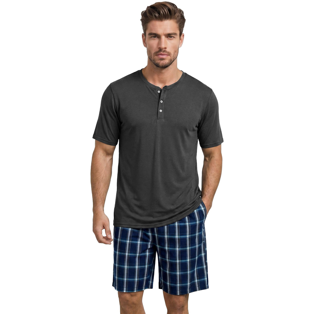 Vulcanodon Mens Pajama Set 100% Cotton Short Sleeve Sleepwear Soft Breathable Lounge Set Button Top with Pockets Cozy Pjs