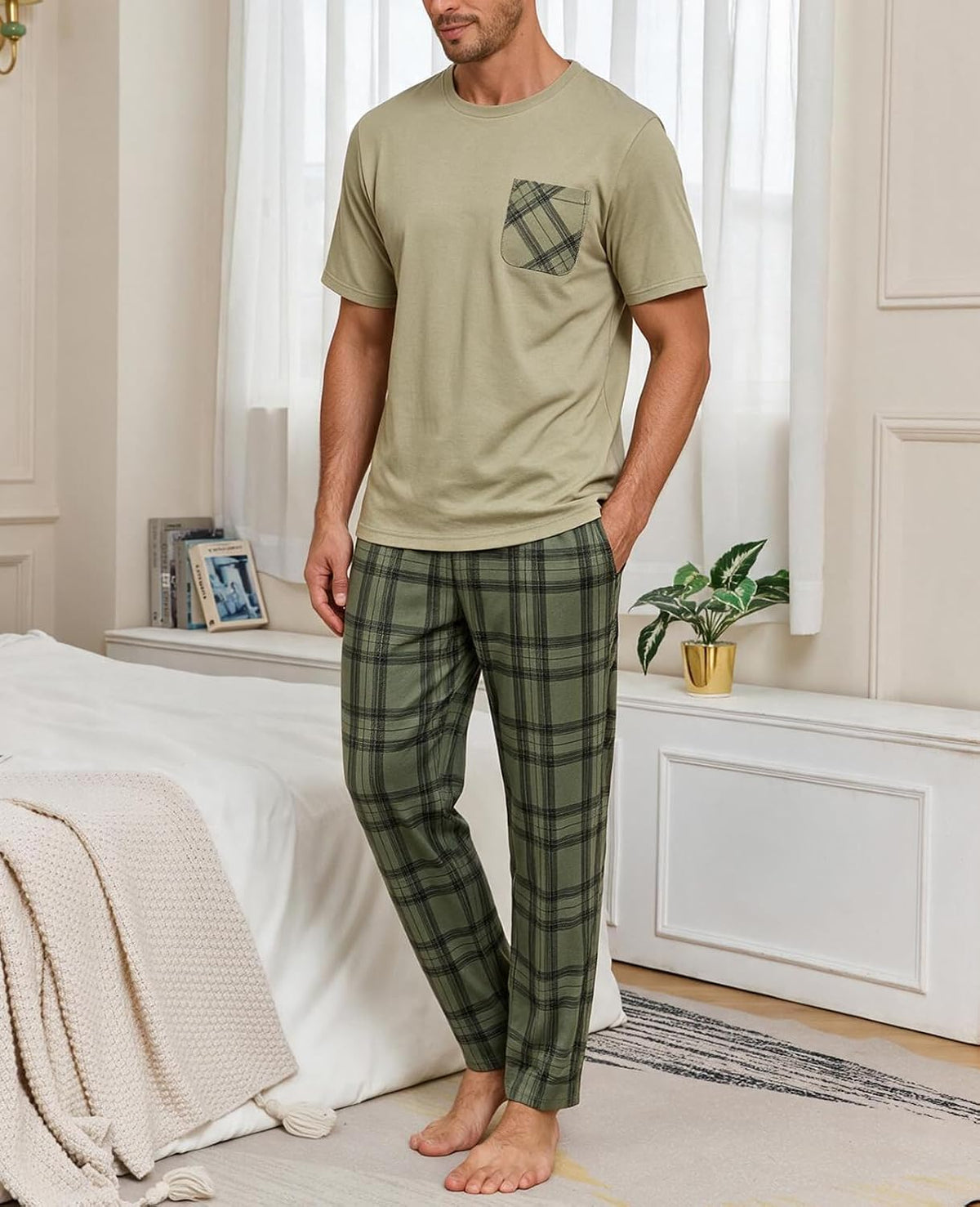 Mens Pajama Set Summer Sleepwear Short Sleeve Loungewear Lightweight Soft Nightwear Shirts Plaid Pants Pockets
