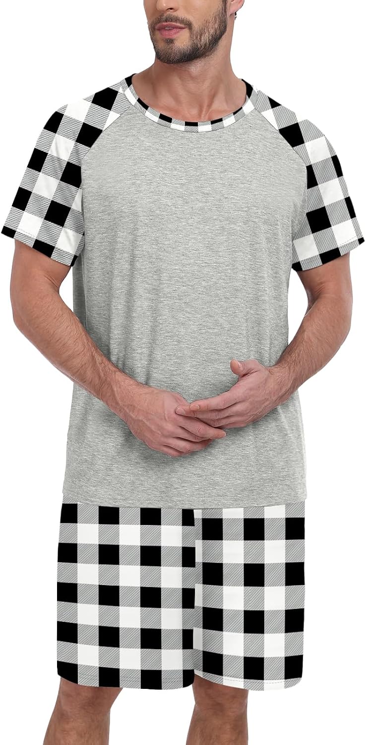 MLXSJ Mens Pajama Set Summer Pjs Sleepwear Soft Sleep Set With Pocket S-3XL