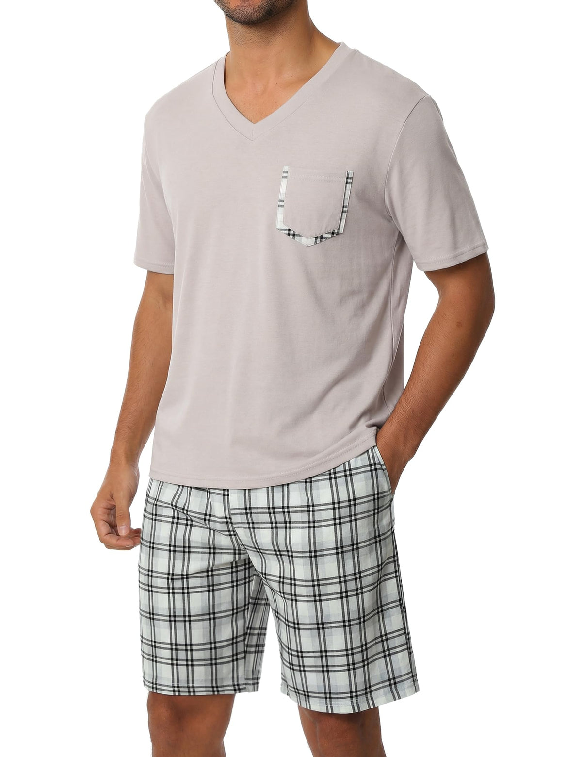 Sykooria Mens Cotton Pajamas Set 2 Piece Soft Sleepwear Short Sleeve Top & Plaid Shorts With Pockets