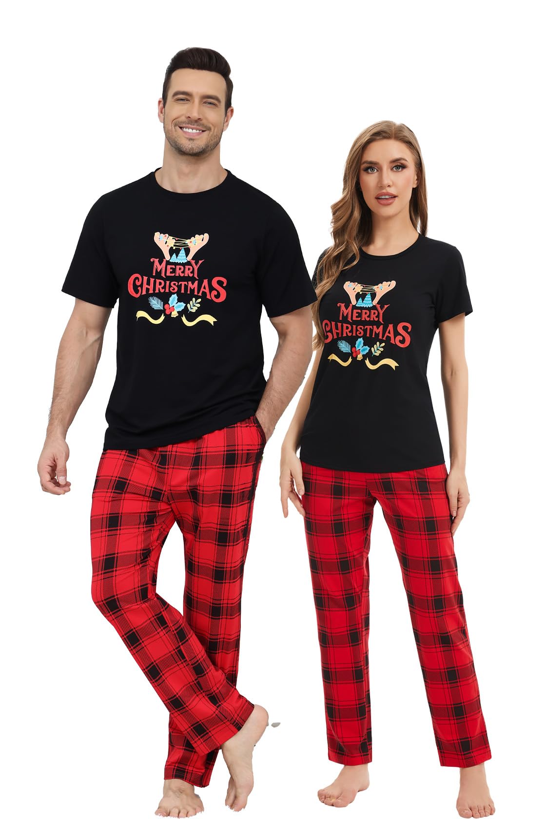 EISHOPEER Cotton Matching Pajamas for Couples Cute Printed Short Sleeve Top & Long Pants Sleepwear Pjs Sets