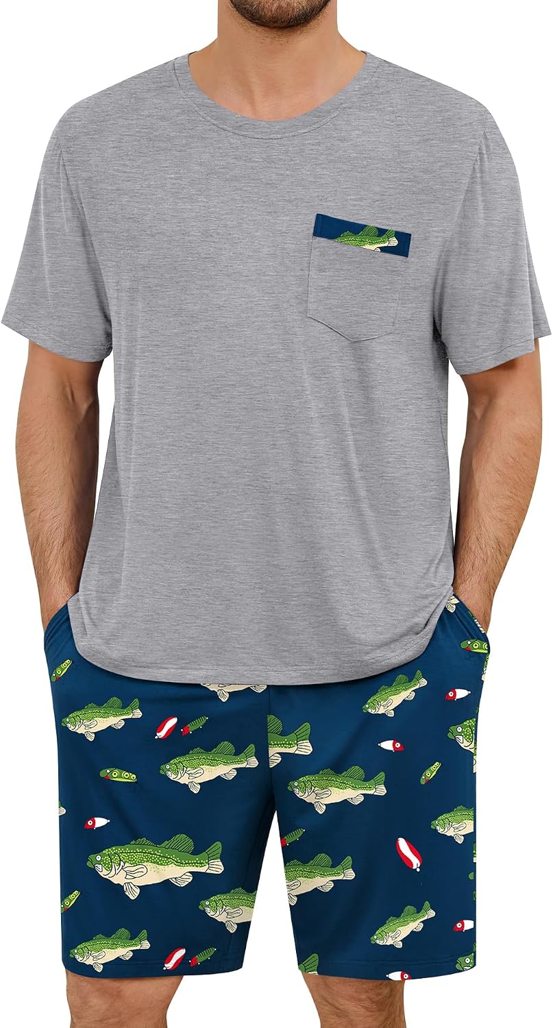 SWOMOG Mens Pajama Set Short Sleeve Pjs Set Soft Comfy Sleepwear Summer 2 Piece Loungewear Print With Pocket S-XXL