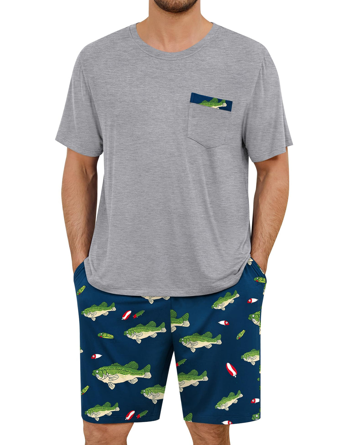 SWOMOG Mens Pajama Set Short Sleeve Pjs Set Soft Comfy Sleepwear Summer 2 Piece Loungewear Print With Pocket S-XXL