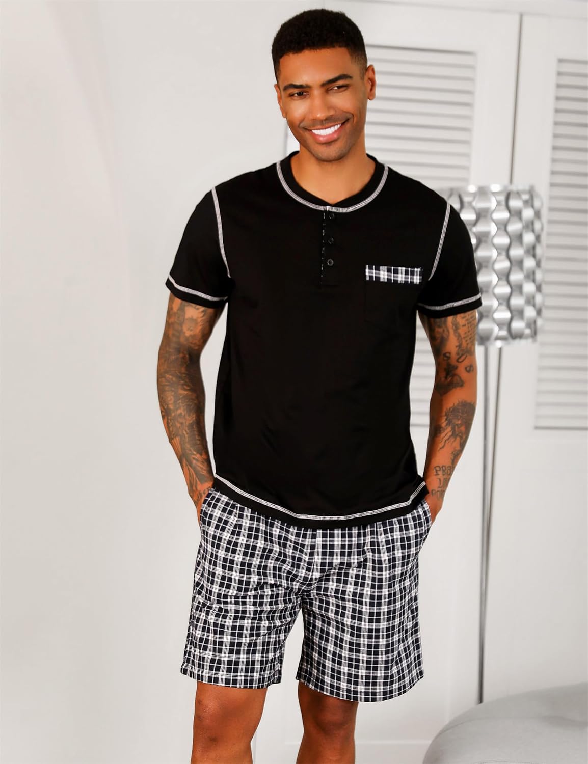 Sykooria Men's Pajama Sets Cotton Loungewear Pjs Shorts Sets 2 Piece Short Sleeve Sleepwear With Pockets S-3XL