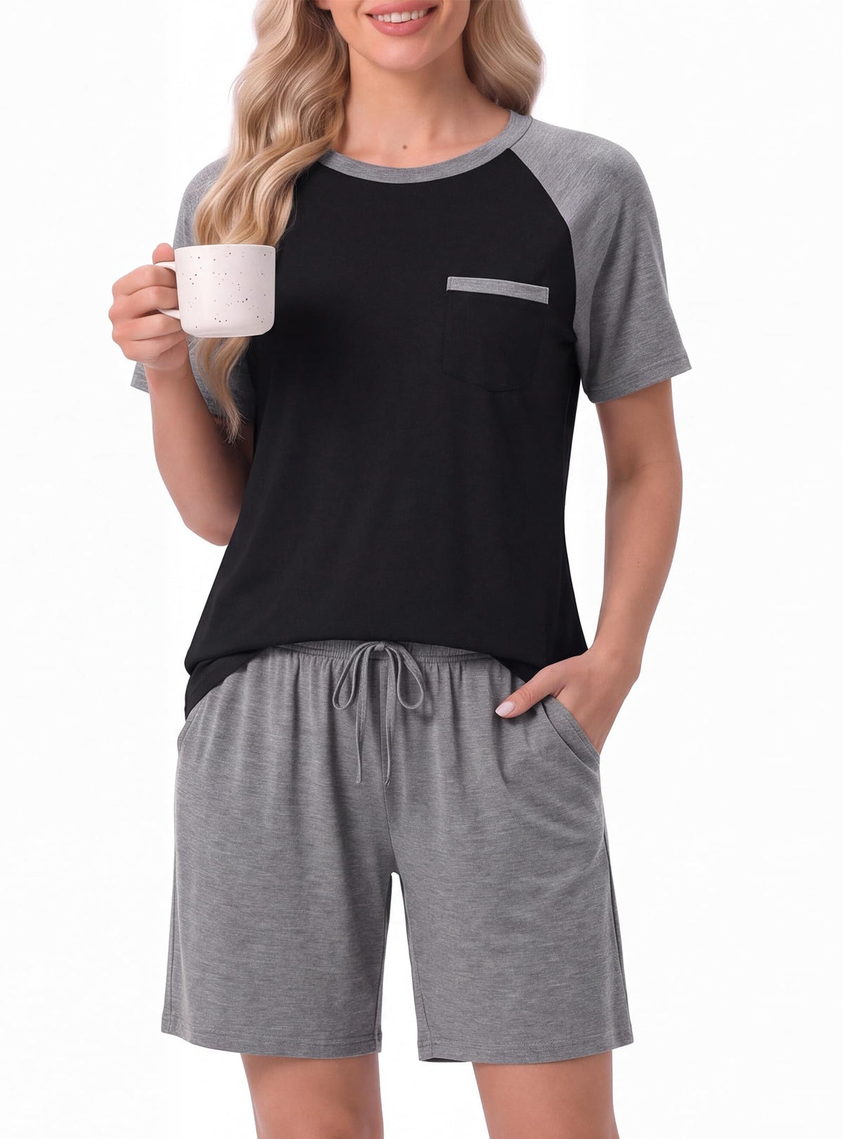 Couples Pajamas Set Short Sleeve Raglan Shirts and Shorts Lounge Sleepwear