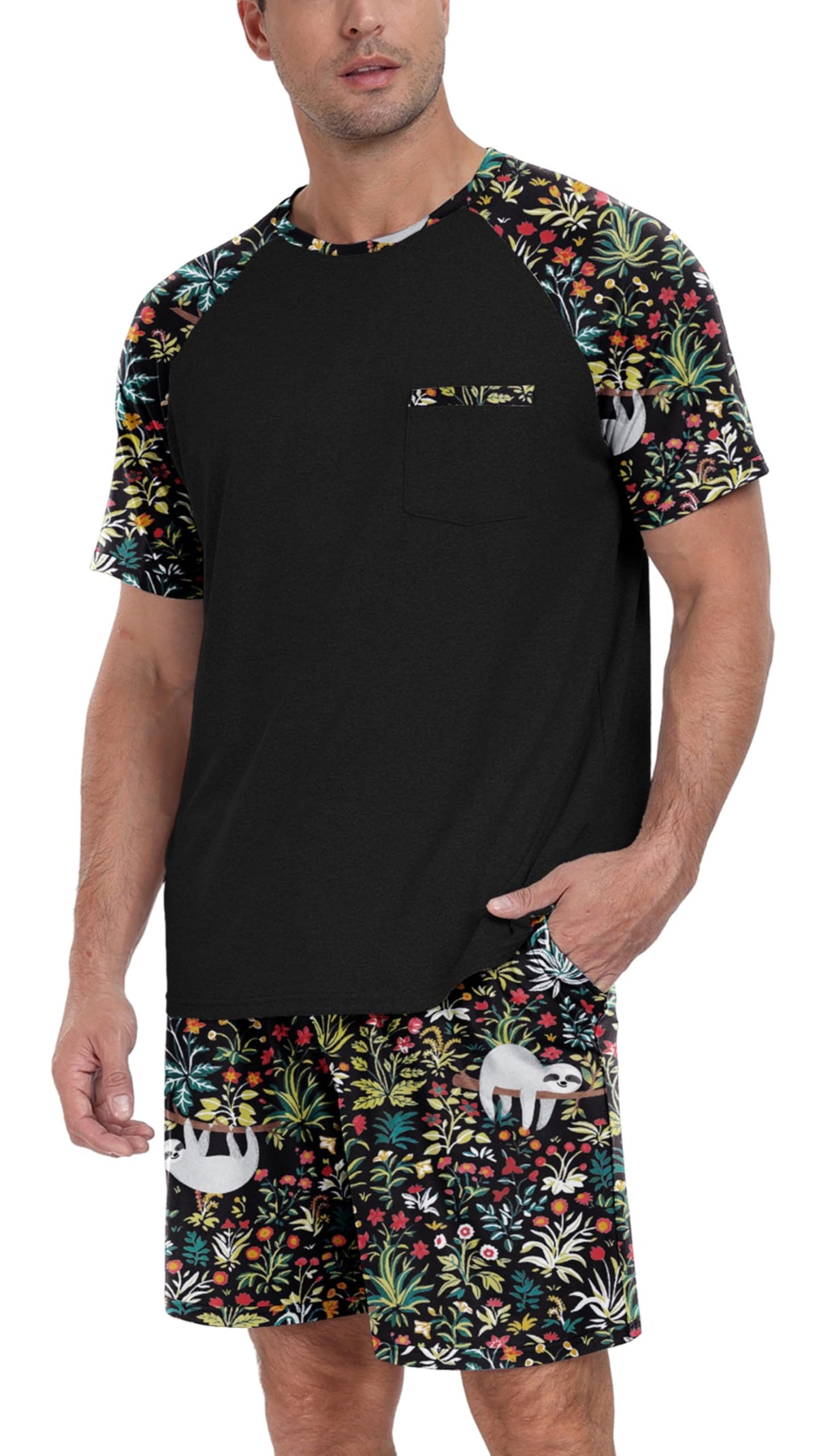 Couples Pajamas Set Short Sleeve Raglan Shirts and Shorts Lounge Sleepwear