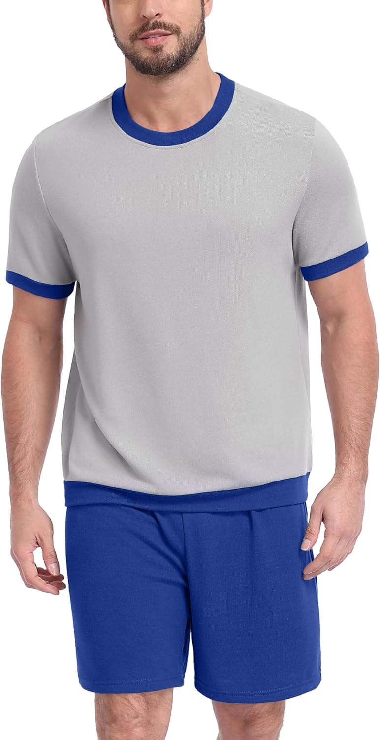 PrinStory Men's Pajamas Set Short Sleeve Sleepwear Pjs Soft Nightwear 2 Piece Loungewear with Pockets S-2XL