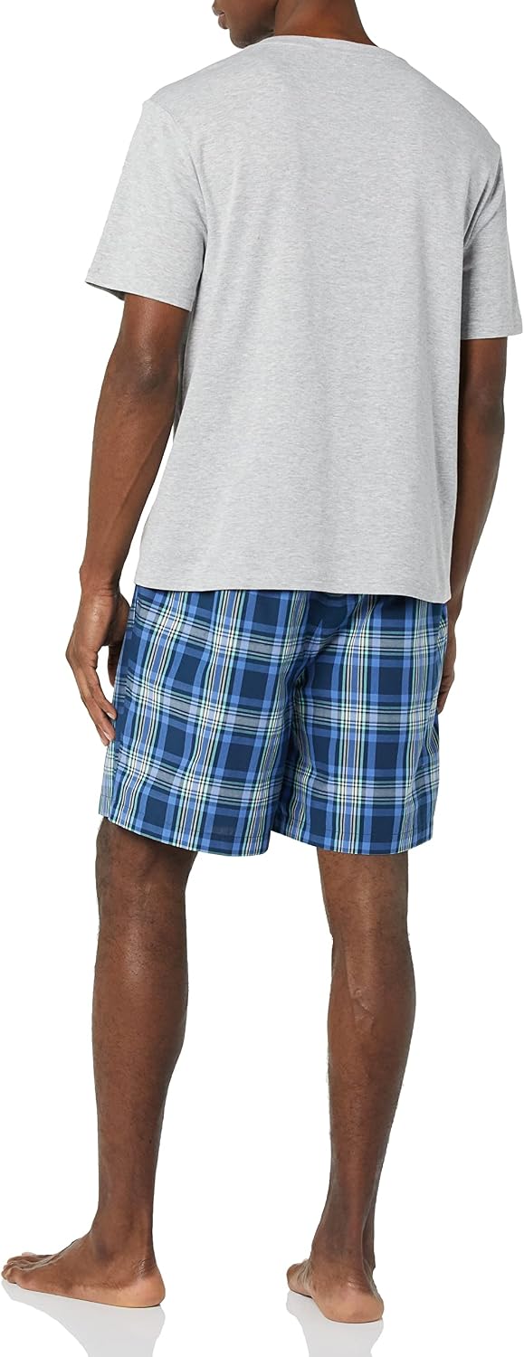 Amazon Essentials Men's Cotton Poplin Pajama Short with T-Shirt Set, Breathable Loungewear, Summer Sleepwear