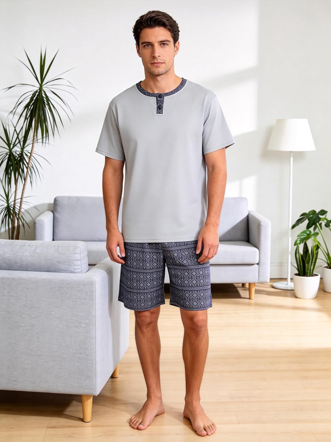 Men's Short Sleeve Pajama Set with Henley Neckline Soft Lounge Sleepwear Casual T-Shirt and Shorts Homewear for Summer