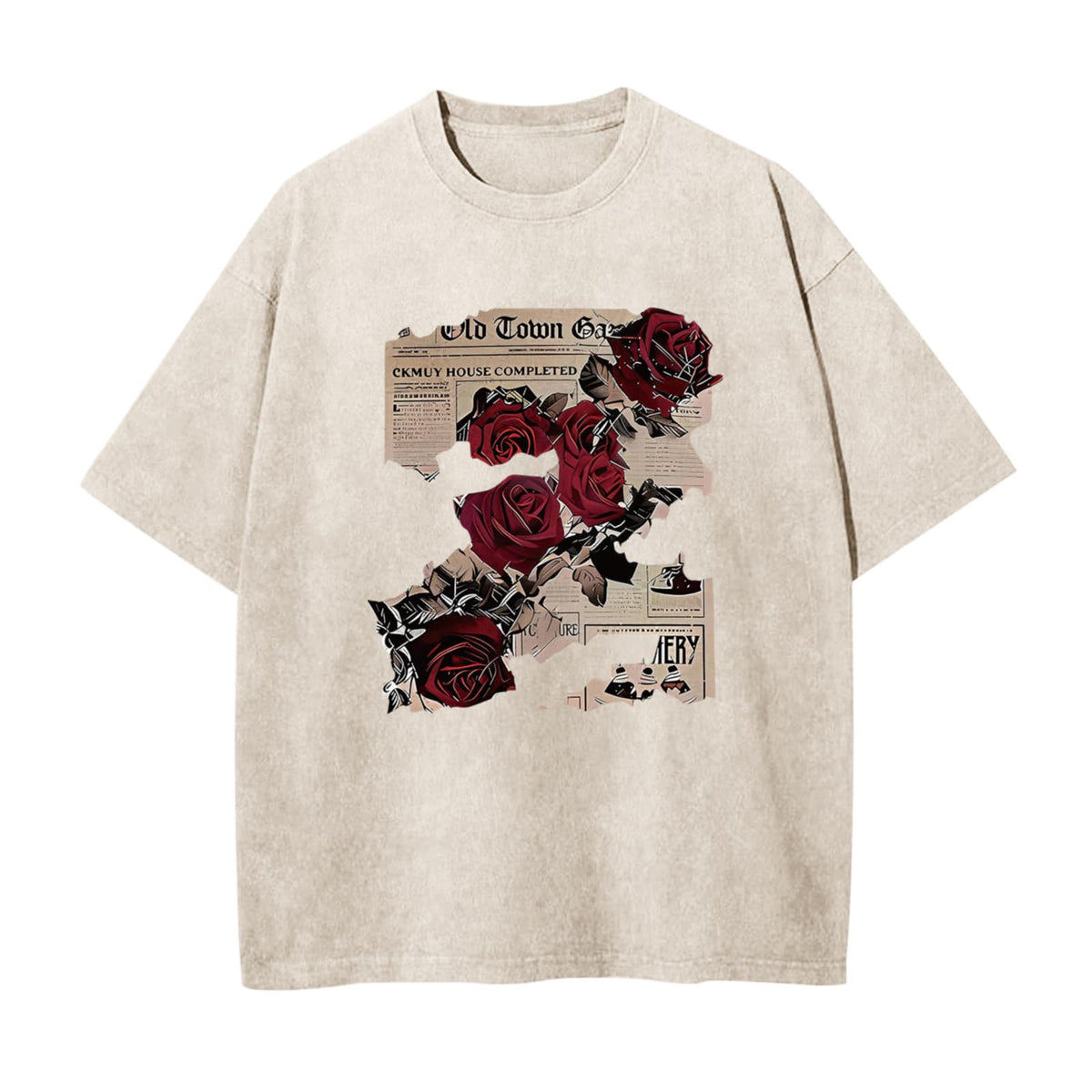 BeWithYou Mens Oversized Graphic T-Shirt Rose Floral Print Vintage Y2k Grunge Shirts Goth Shirt Gothic Tshirt Acid Wash Tops
