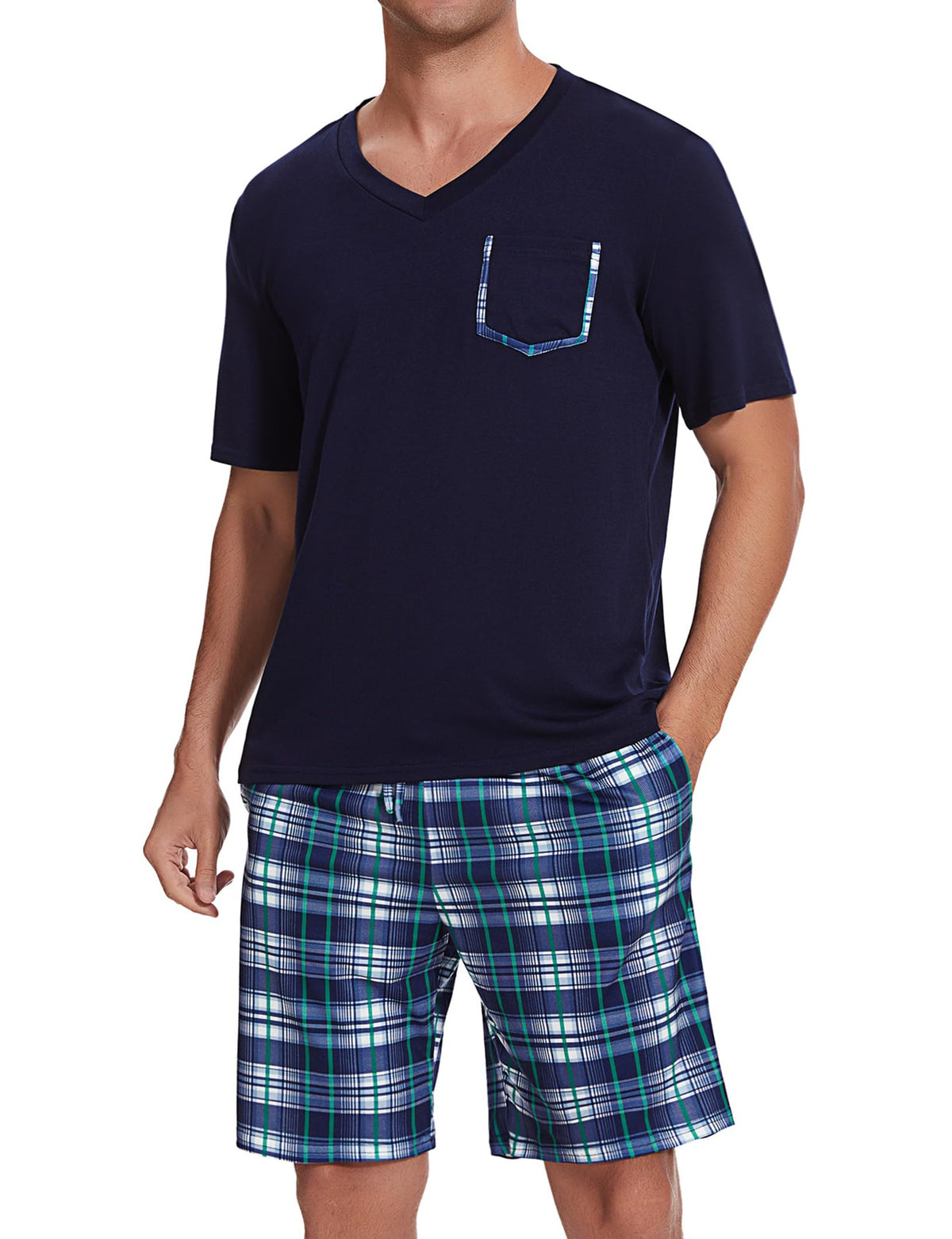 Sykooria Mens Cotton Pajamas Set 2 Piece Soft Sleepwear Short Sleeve Top & Plaid Shorts With Pockets