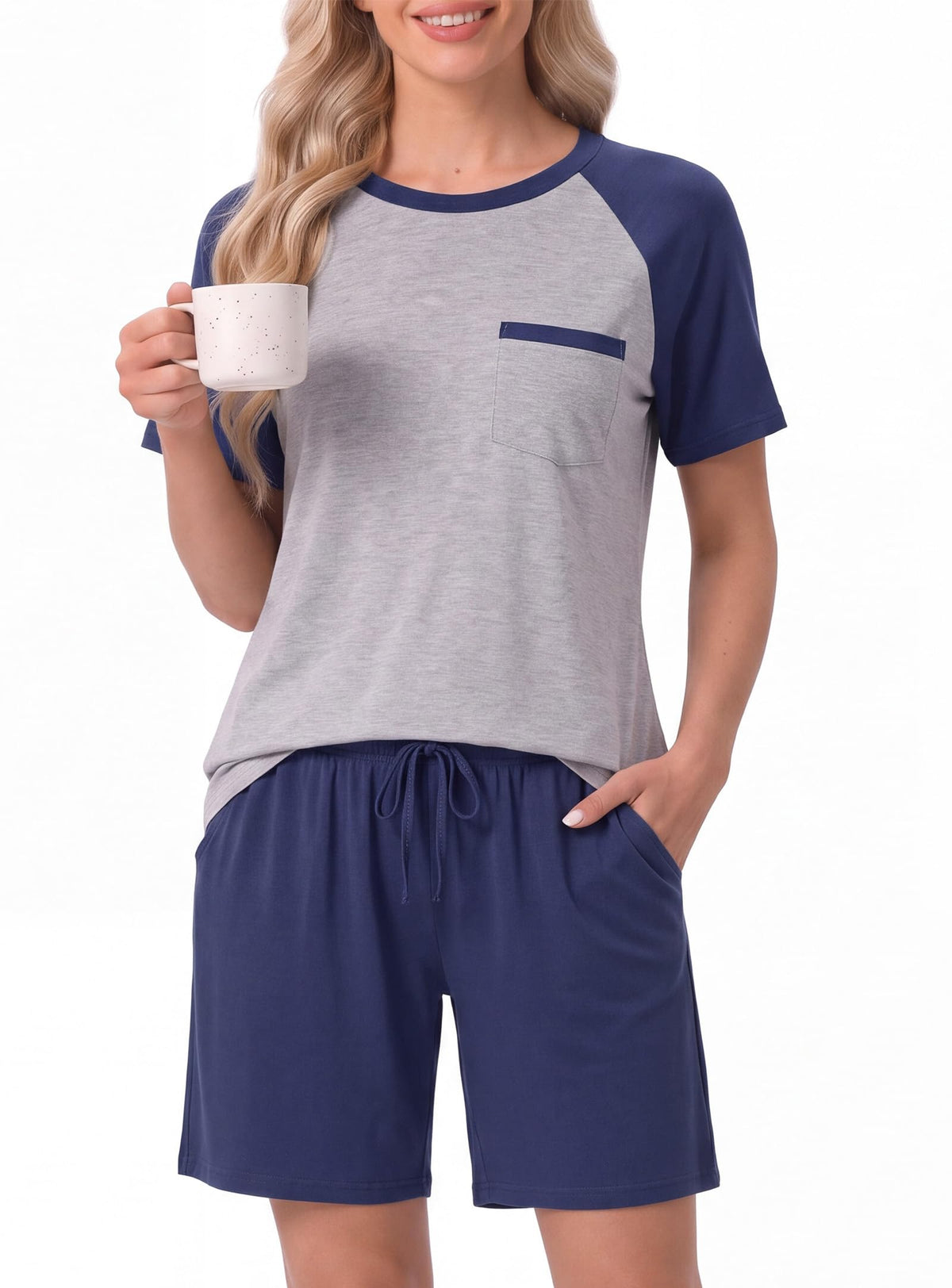 Couples Pajamas Set Short Sleeve Raglan Shirts and Shorts Lounge Sleepwear
