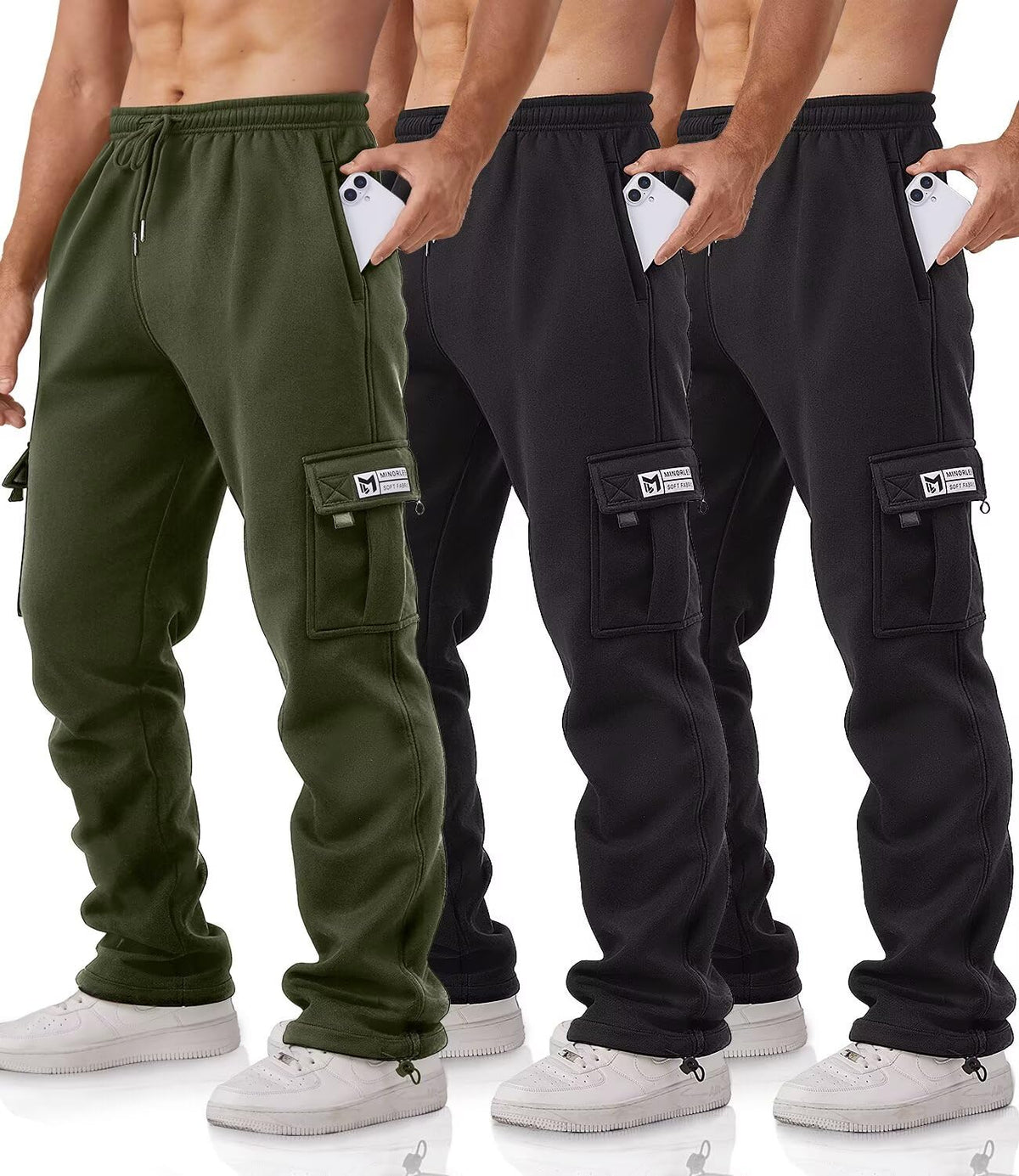 Cargo Pants for Men 3 Pack Relaxed Fit Mens Joggers with Pockets,Fleece Hiking Tactical Workout Pants Casual