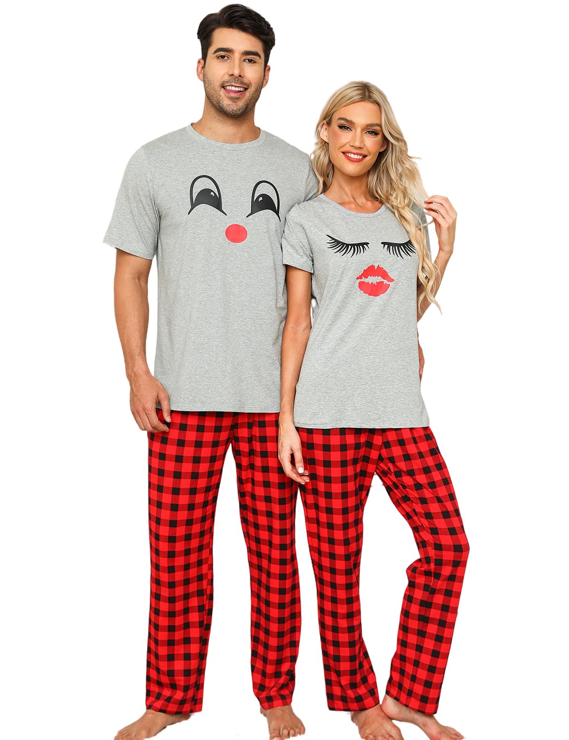 EISHOPEER Cotton Matching Pajamas for Couples Cute Printed Short Sleeve Top & Long Pants Sleepwear Pjs Sets