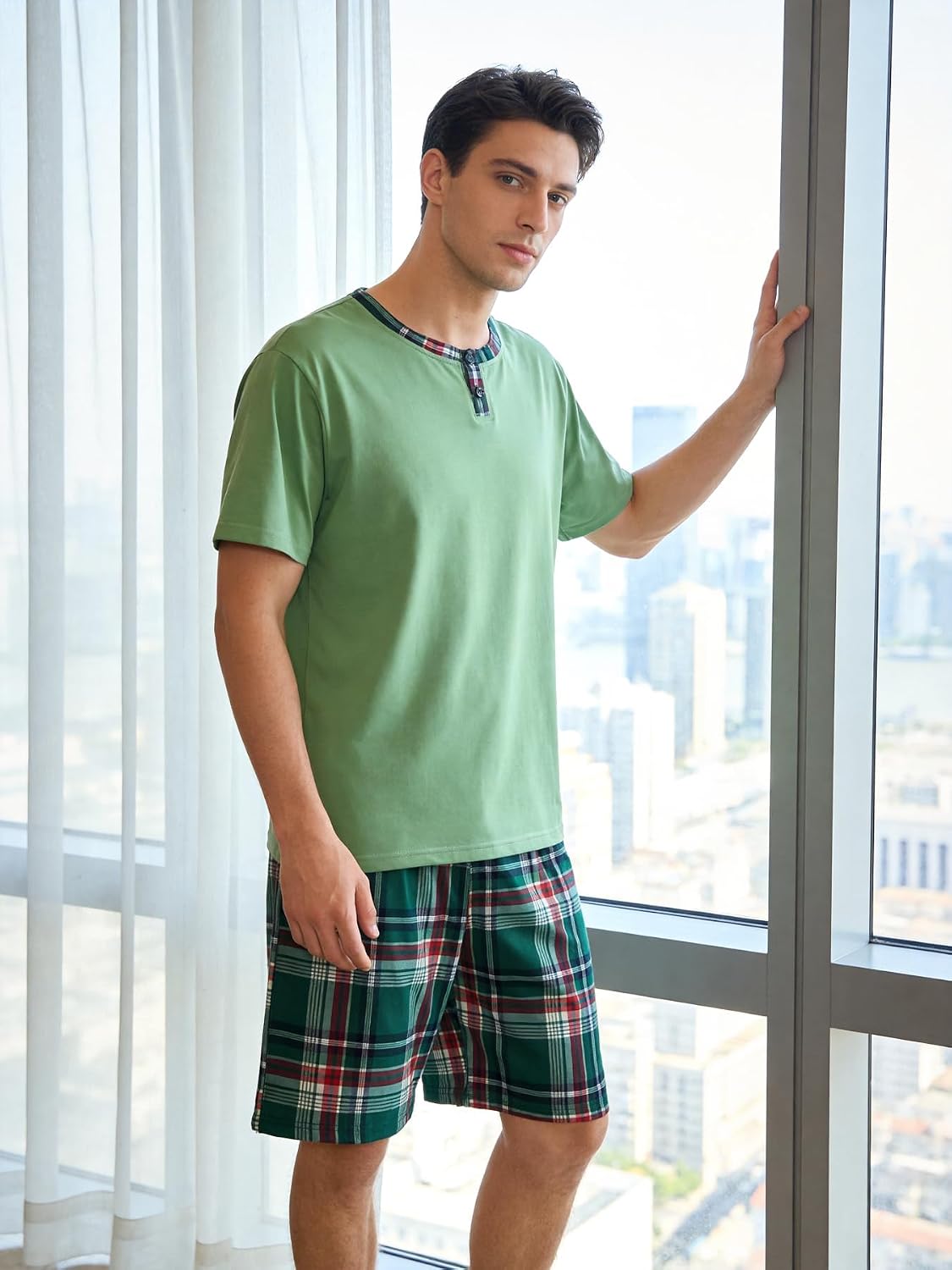 Men's Short Sleeve Pajama Set with Henley Neckline Soft Lounge Sleepwear Casual T-Shirt and Shorts Homewear for Summer