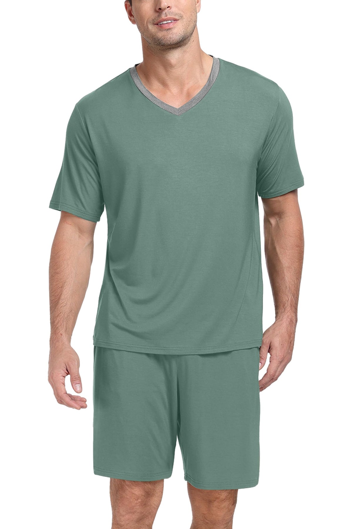 PrinStory Men's Pajama Set Sleepwear Pjs Lightweight Quick Dry Short Sleeve V-Neck Shirts and Shorts Soft Comfy Sleep Sets