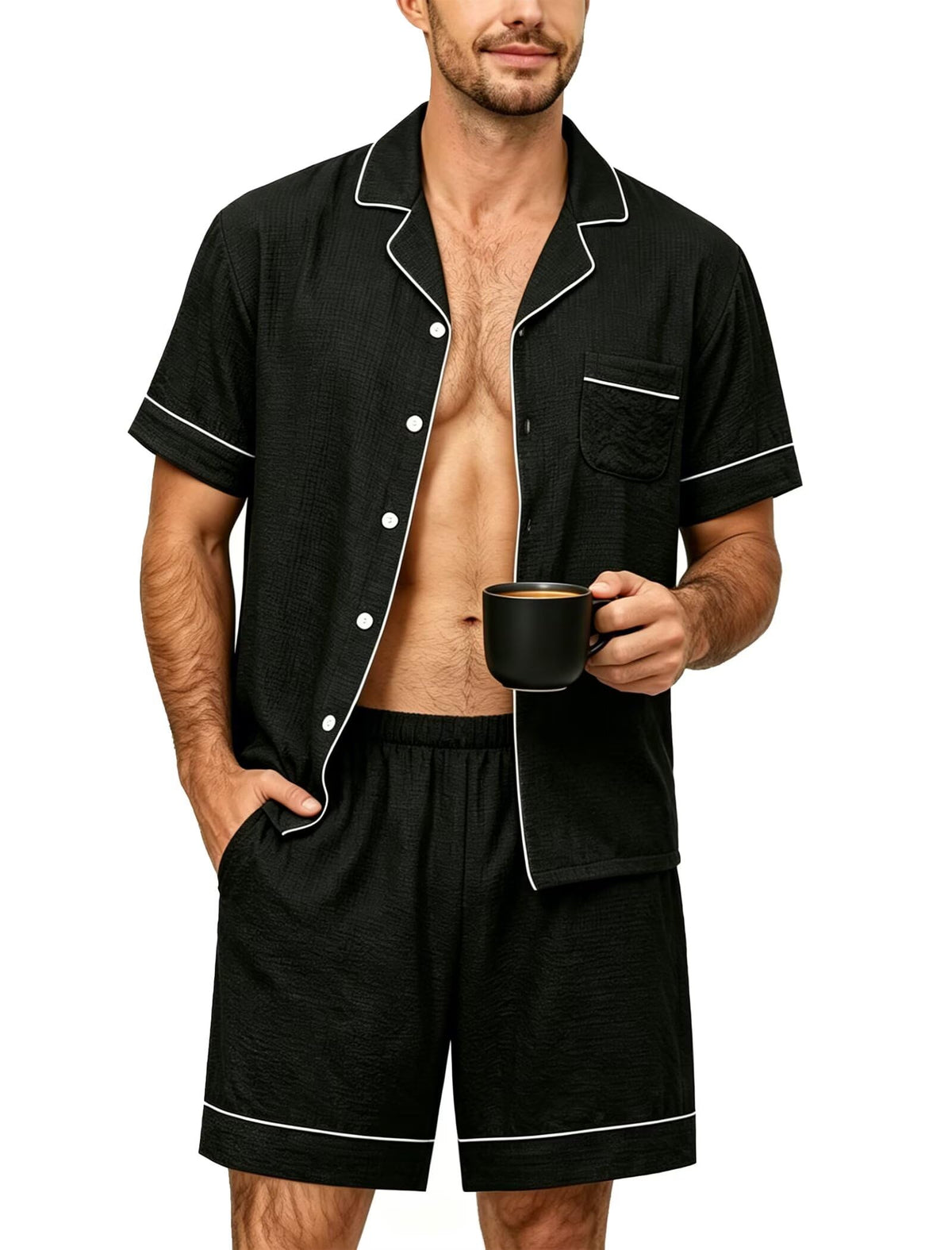 SWOMOG Men Pajama Set Short Sleeve Summer Pjs Button Down Sleepwear Soft Pajama Shorts 2 Piece Loungewear with Pockets