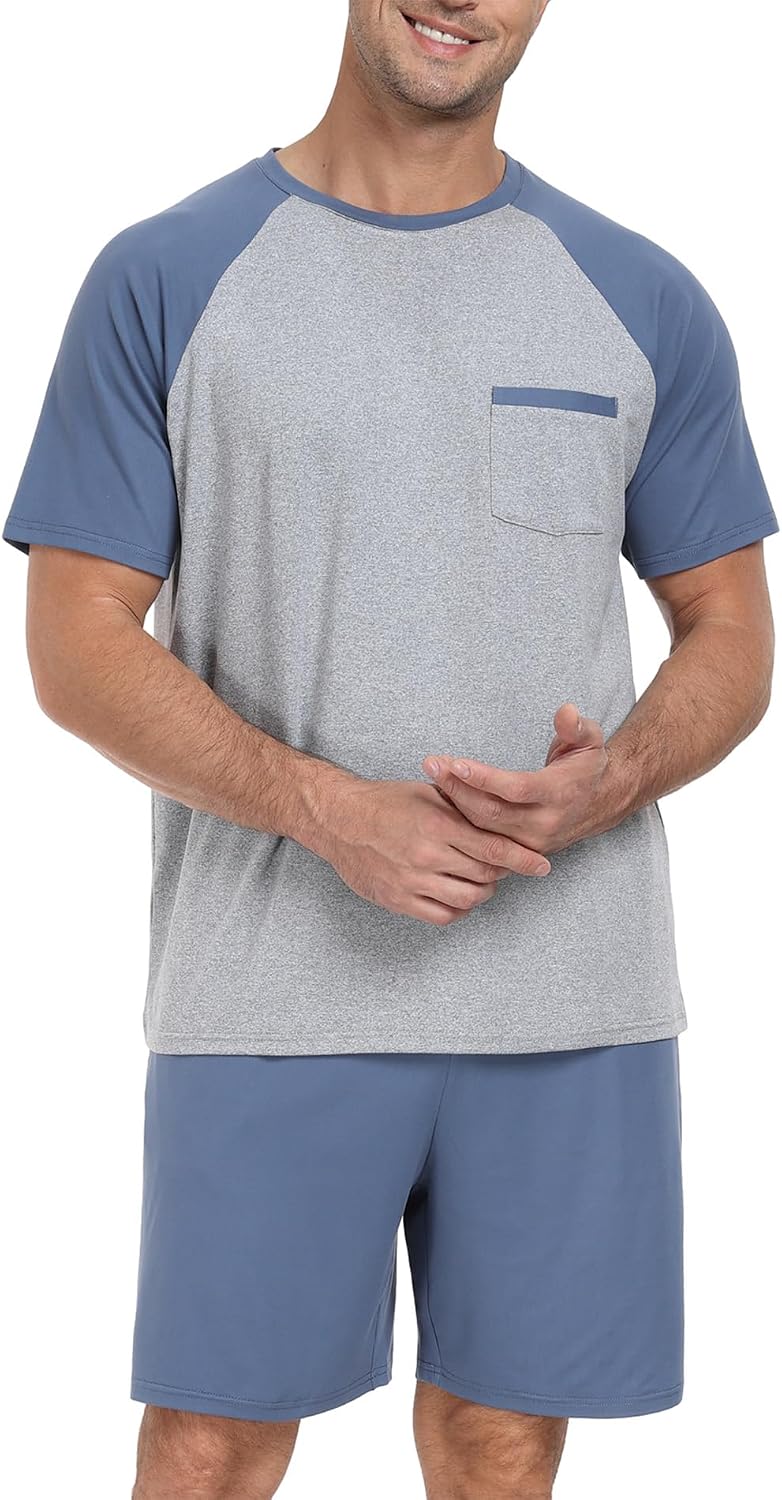 PrinStory Men‘s Pajama Set Summer Pjs Sleepwear Nightwear Lightweight Quick Dry Soft Stripe Sleep Set With Pocket S-2XL