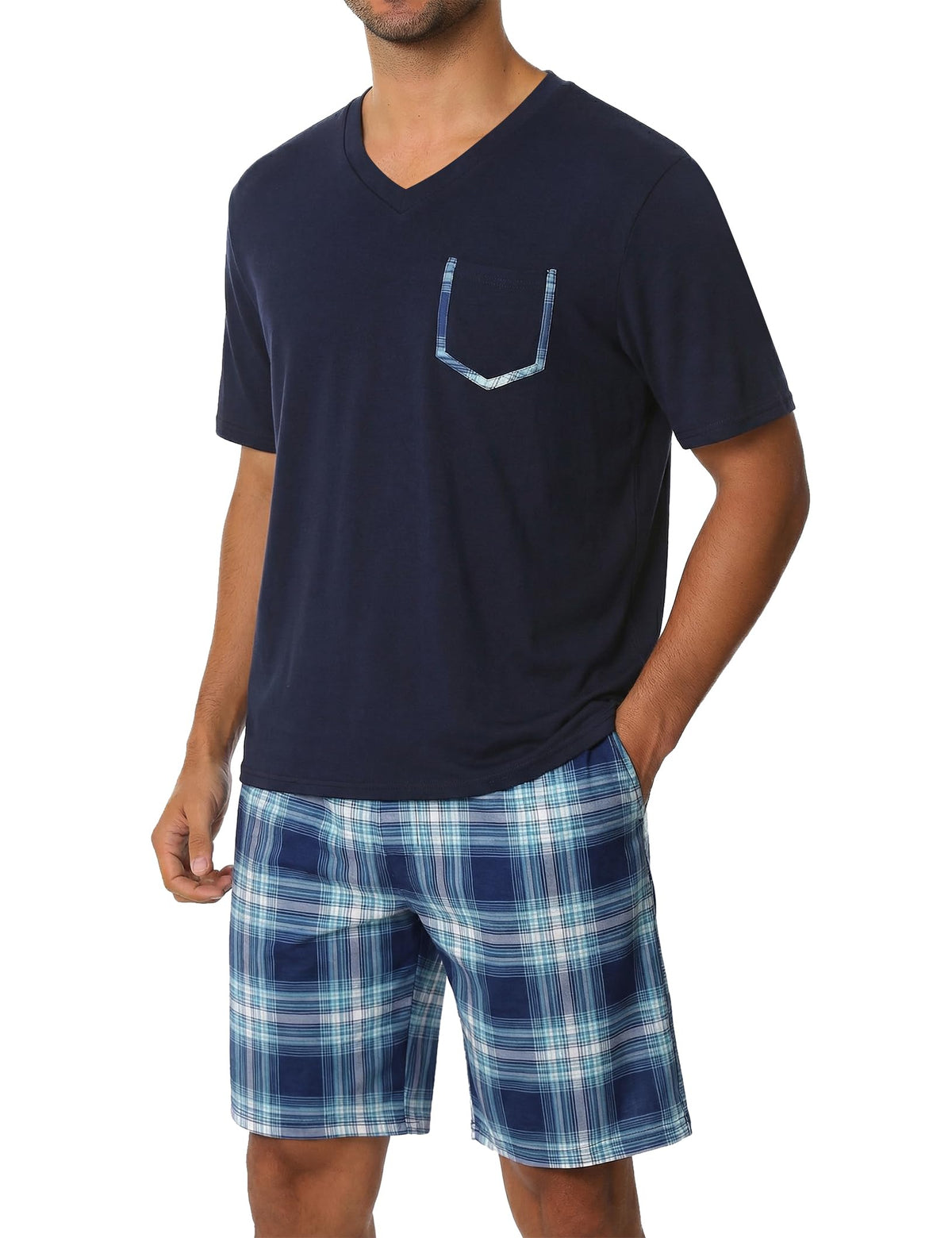 Sykooria Mens Cotton Pajamas Set 2 Piece Soft Sleepwear Short Sleeve Top & Plaid Shorts With Pockets