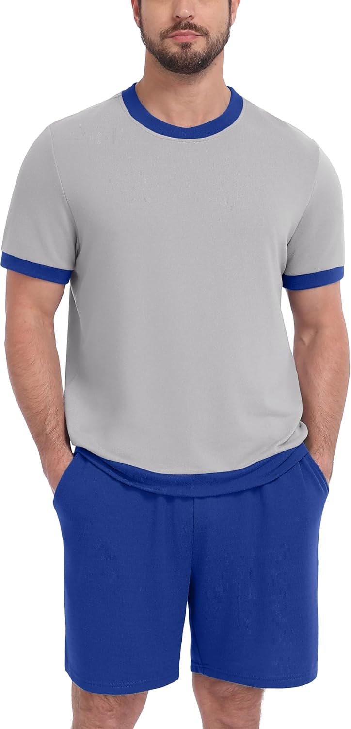 PrinStory Men's Pajamas Set Short Sleeve Sleepwear Pjs Soft Nightwear 2 Piece Loungewear with Pockets S-2XL