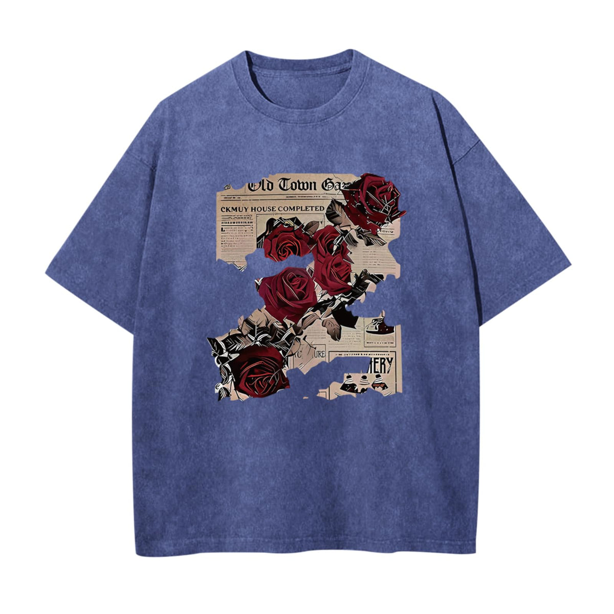 BeWithYou Mens Oversized Graphic T-Shirt Rose Floral Print Vintage Y2k Grunge Shirts Goth Shirt Gothic Tshirt Acid Wash Tops