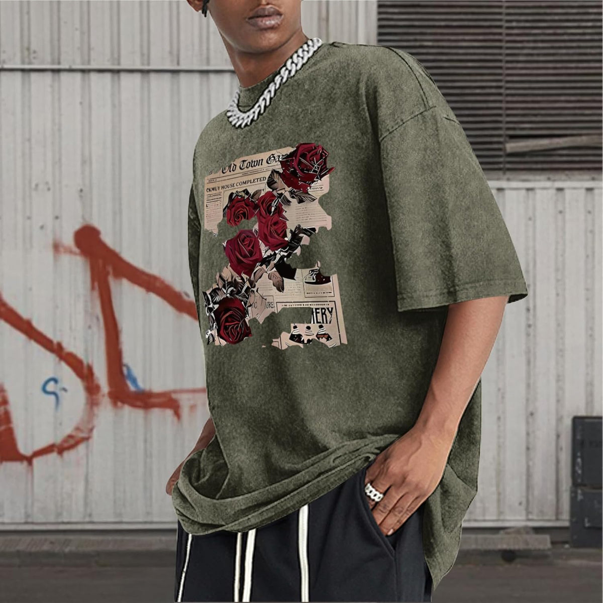 BeWithYou Mens Oversized Graphic T-Shirt Rose Floral Print Vintage Y2k Grunge Shirts Goth Shirt Gothic Tshirt Acid Wash Tops