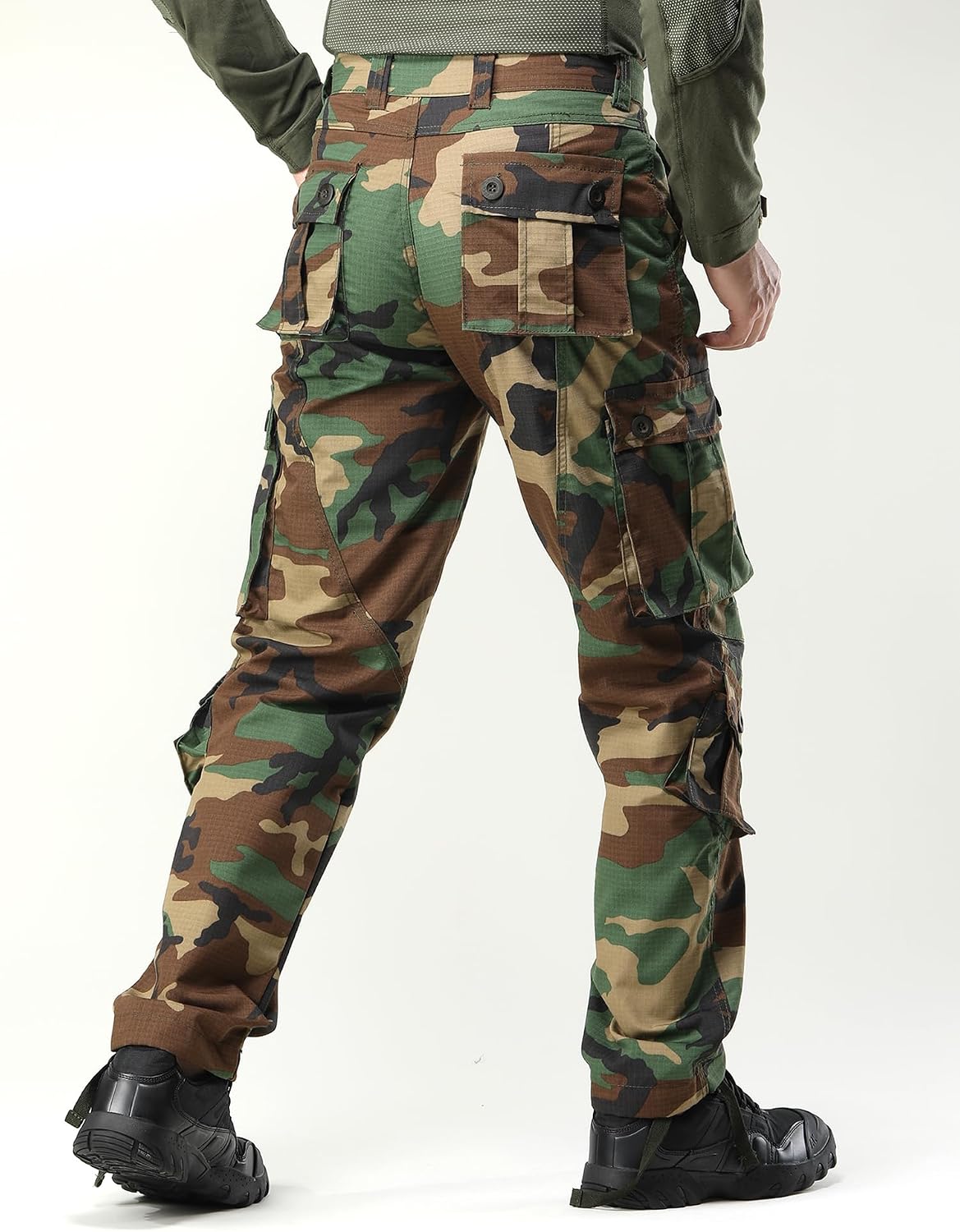 Men's Camo Cargo Work Pants Ripstop Lightweight Wild Army Military BDU Outdoor Trousers with 8 Pocktets (No Belt)