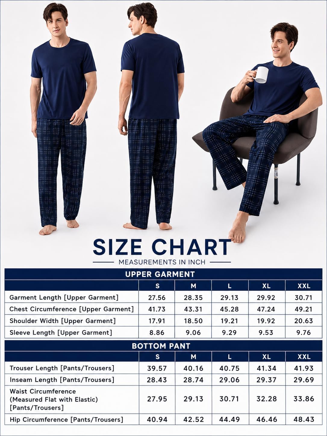Men's Short Sleeve Pajama Set, Navy Solid T-Shirt & White Plaid Pants