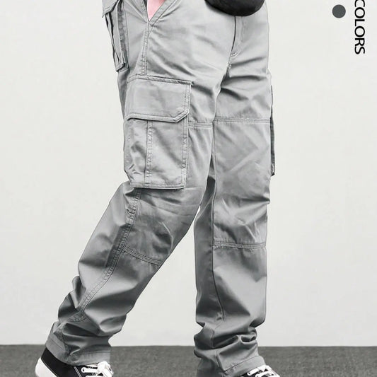 Men's Loose Solid Casual Slant Pocket Drawstring Waist Cargo Pants, Casual Street Style Straight Leg Trousers for Outdoor Hiking Fishing, Woven Bottoms for All Seasons Pants