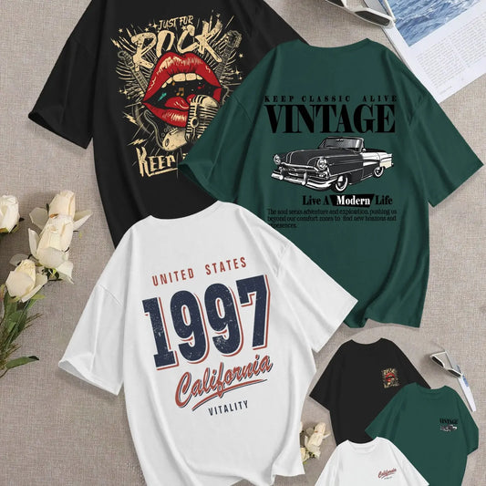 3-Pack Breathable Casual, Classic Loose Fit Round Neck T-Shirt, Vintage Comfortable Mouth/Car Pattern Print Daily Wear, Trendy Summer Tee