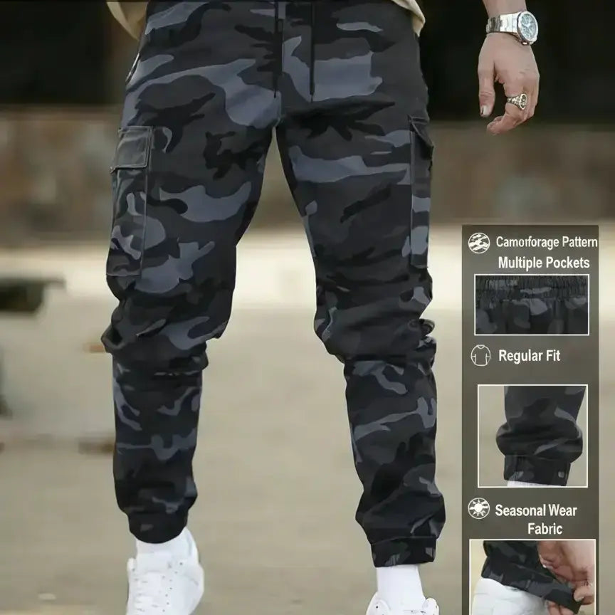 Men's Camouflage Cargo Pants, Casual Streetwear Trousers with Multiple Pockets, Adjustable Waist and Elastic Ankles, Casual Outdoor Wear, 100% Polyester, Eu Size, Casual Fitted Cut