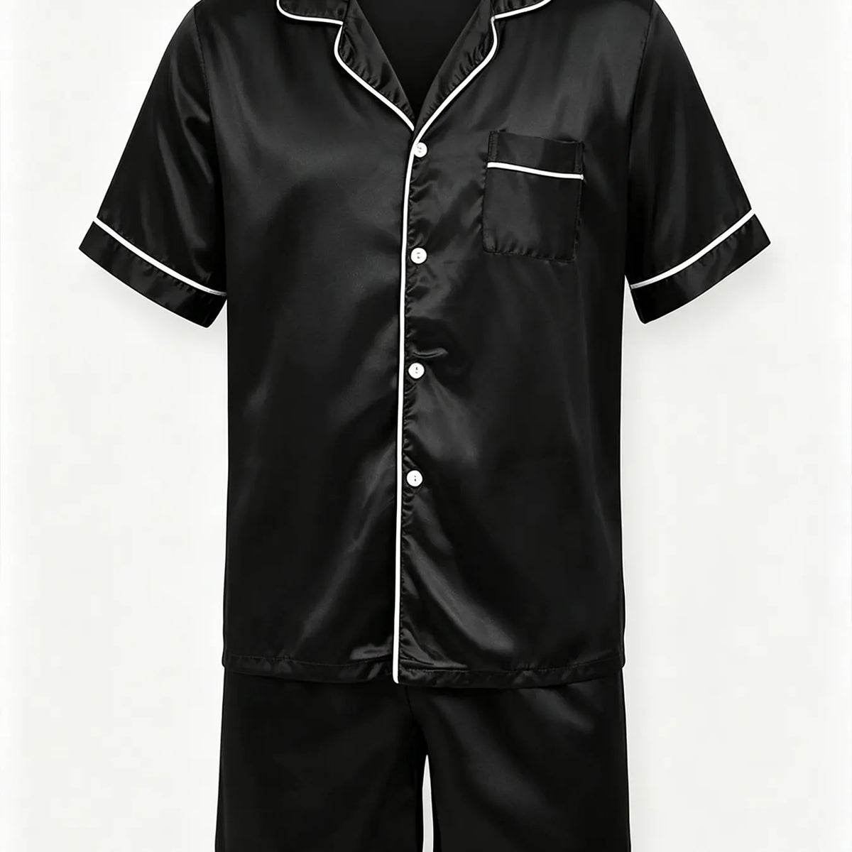 Men's Faux Silk Pajama Set Pjs, Casual Short Sleeve Button-Up Top and Shorts, Loose-Fitting Sleepwear & Loungewear, Solid Pattern, Wearable Outdoors