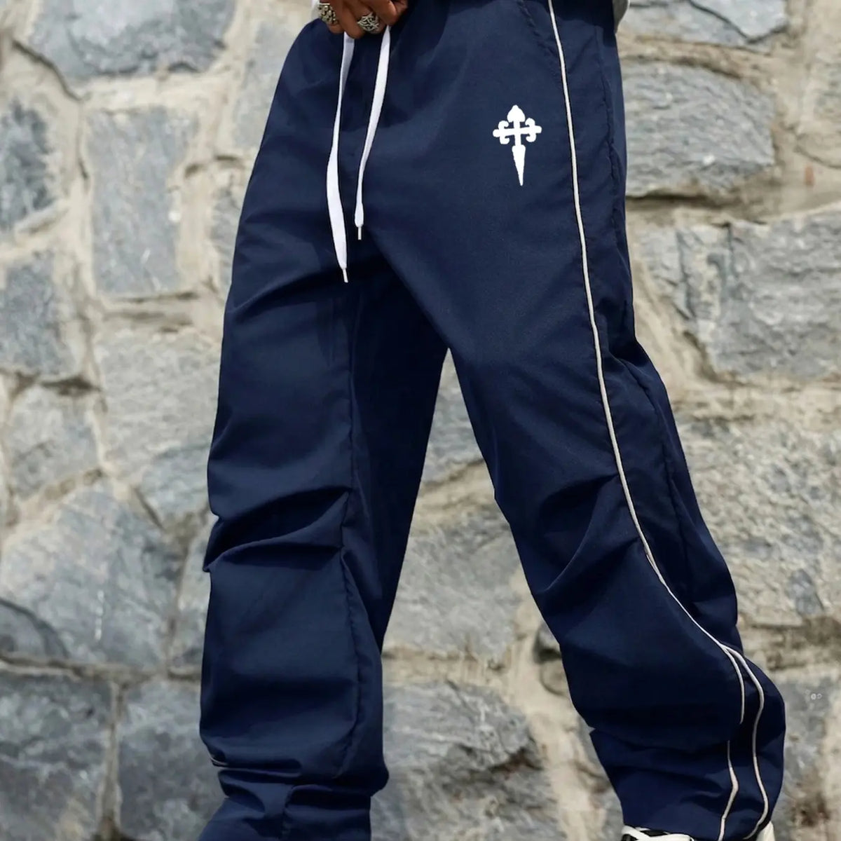 Men's Y2K Color Block Wide Leg Pants, Elastic Drawstring Waist, Loose Fit, Cross Graphic Print, Casual Streetwear Pants, Casual Fashion Bottoms