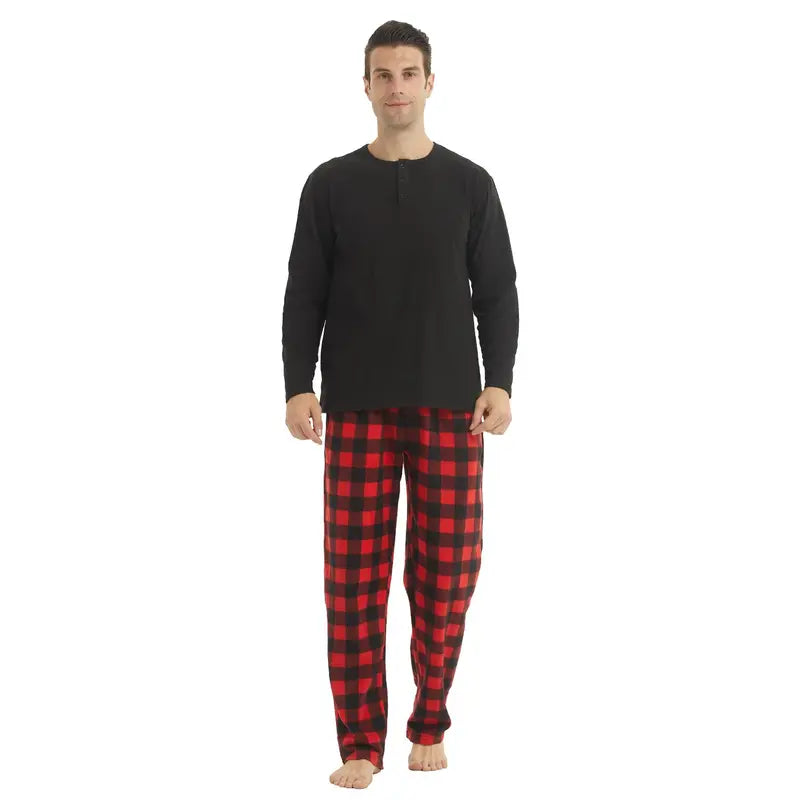 LANBAOSI Menswear Henley 2-Piece Pajama Outfit - Button-Down Long Sleeve Sleep Shirt, Plaid Checked Pants, Soft Cozy Thermal Casual Chic Loungewear for Cool Weather