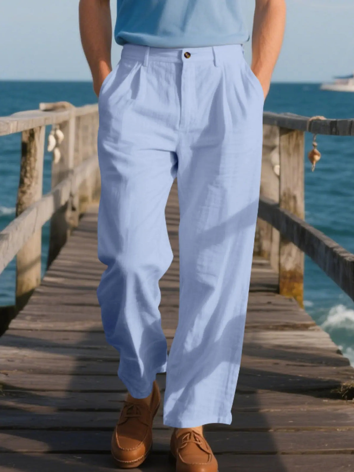Men's Pleated Linen Breathable Straight Leg, Single Button Front, Loose Fit, Relaxed Fit, Beach Vacation, Business, Solid Color, Multicolor, Button Front Trousers