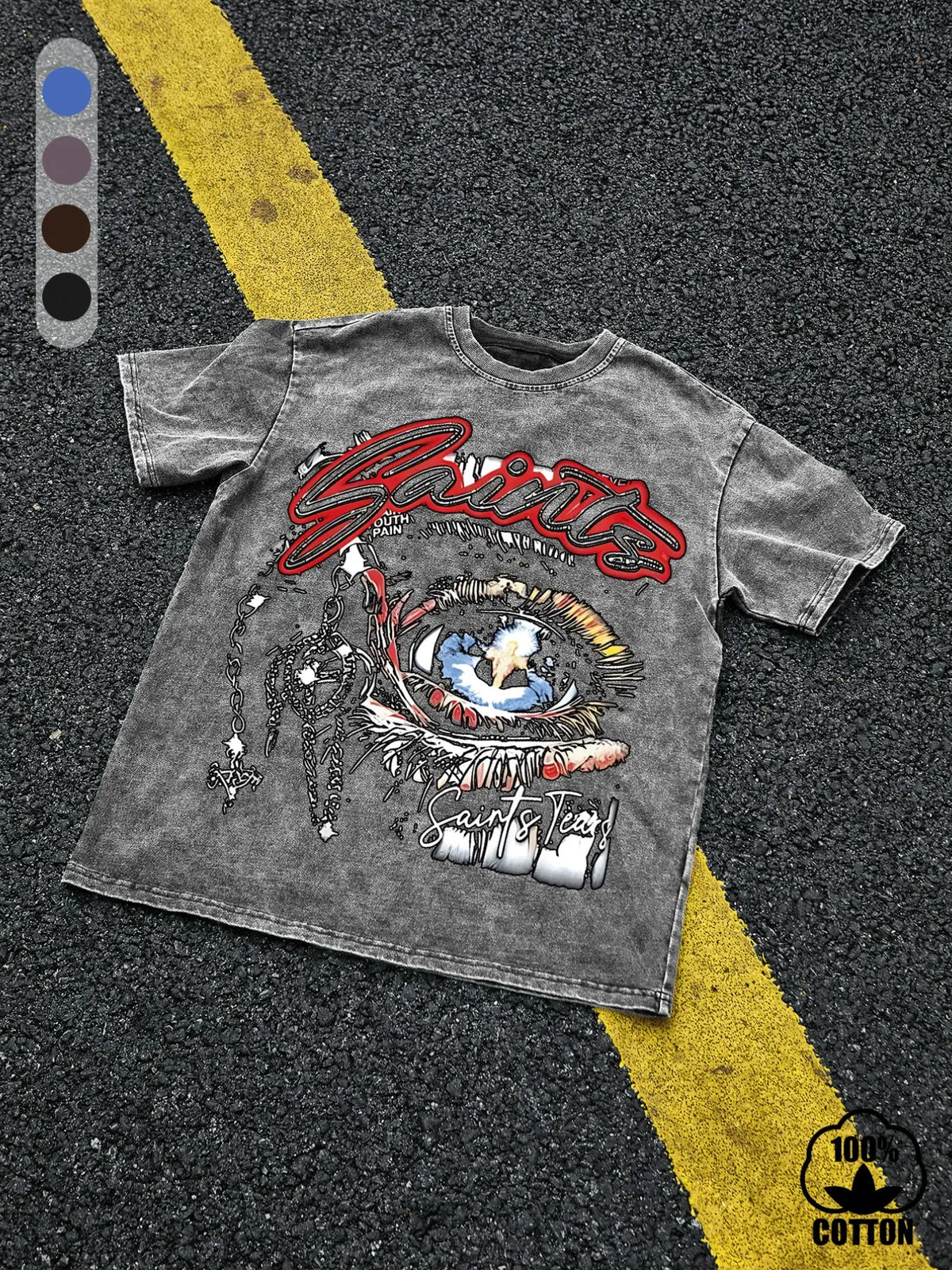 Men's 100% Cotton "Saint Tears" Graphic T-Shirt, Vintage-Wash Loose Fit Eye and Chain Design, Breathable Summer Casual Streetwear Top, Casual Style Tee