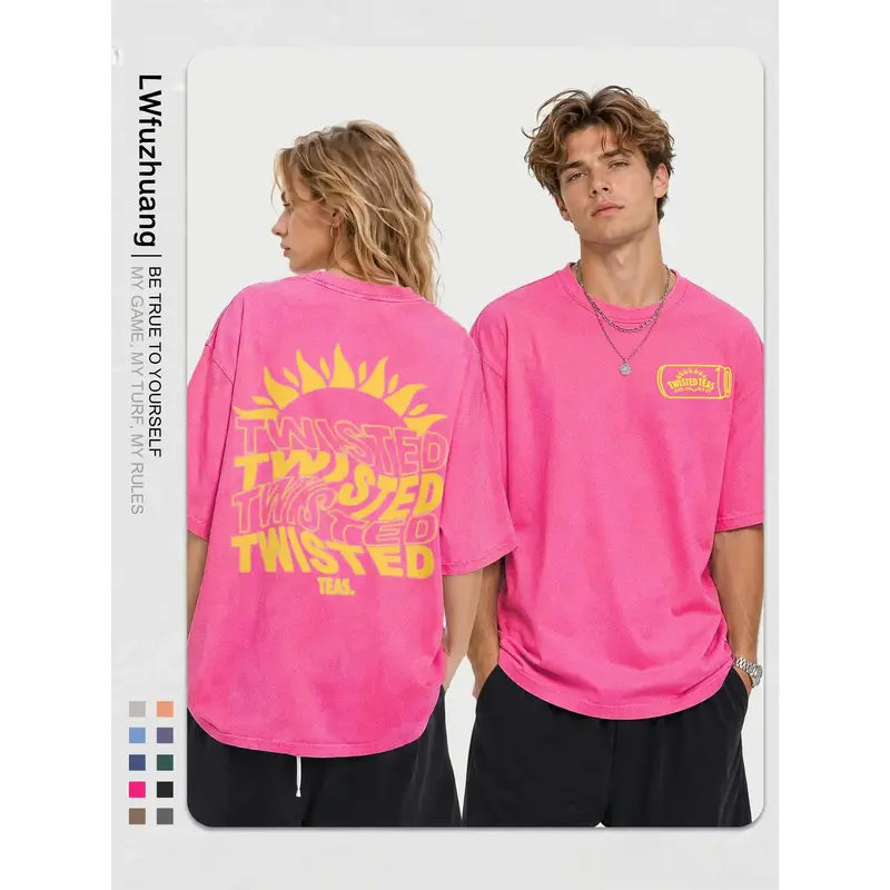 Vintage-Inspired Twisted Tea Cotton Short-Sleeve Tshirt - ,Double-Sided Print, Drop Shoulder Sleeves, 230g Thick High-Quality Fabric, Round Neck, Casual Streetwear Top