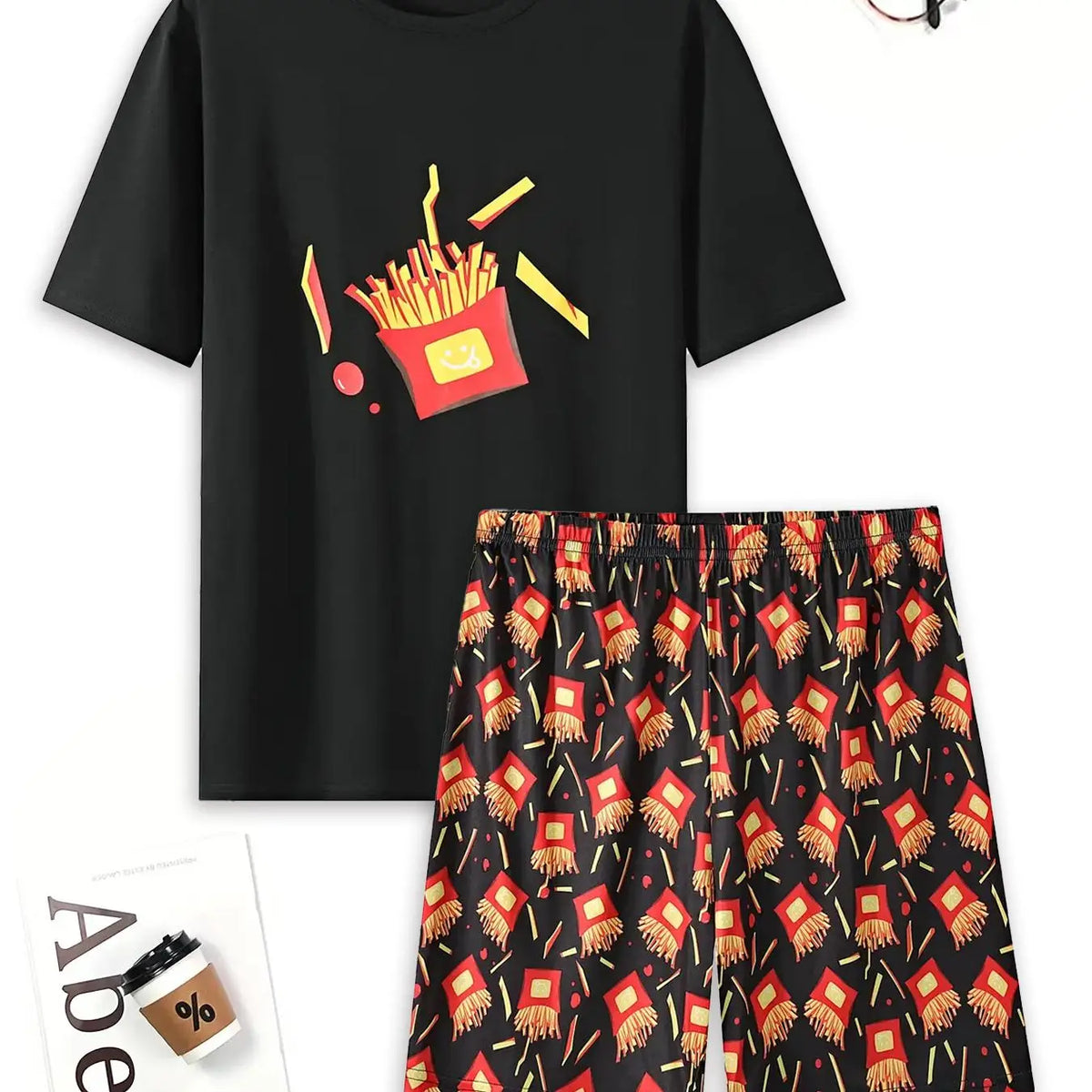 Men's Graphic Tee & All Over Print Elastic Waist Shorts Casual Comfy Loungewear Two-Piece Set, Shorts Lounge Outfit, Regular Fit Round Neck Short Sleeve T-Shirt & Shorts PJ Set, Men's Sleepwear for Summer, Pajamas