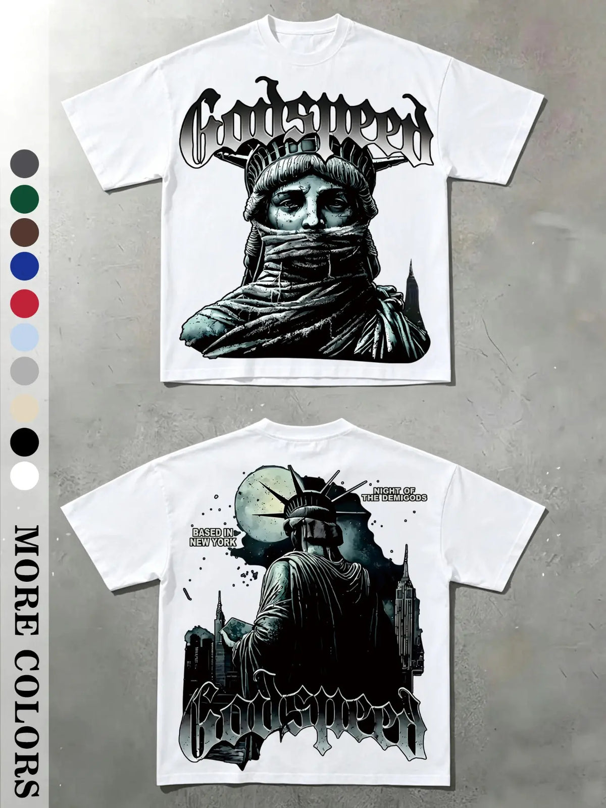 Men's Vintage Masked Statue of Liberty Print T-Shirt, Godspeed Gothic Letter, Casual Fitted Long Sleeve, Plain Surface Graphic Design Aesthetic, Streetwear Tops