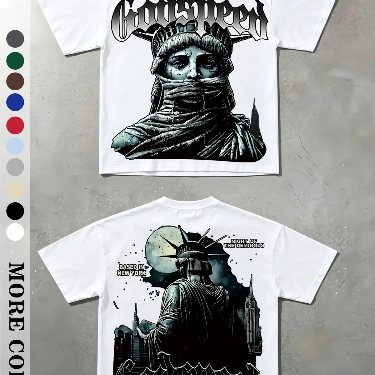 Men's Vintage Masked Statue of Liberty Print T-Shirt, Godspeed Gothic Letter, Casual Fitted Long Sleeve, Plain Surface Graphic Design Aesthetic, Streetwear Tops