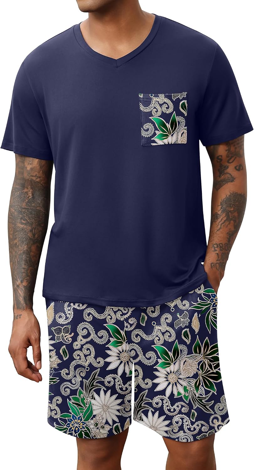 Ekouaer Mens Pajamas Set Soft Lounge Set V Neck Sleep Nightwear Short Sleeve Pjs with Pocket S-XXL