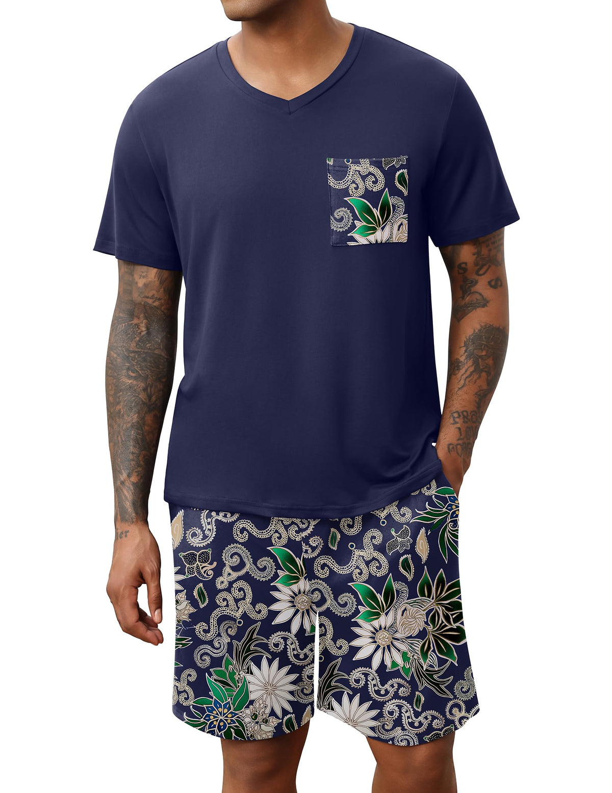 Ekouaer Mens Pajamas Set Soft Lounge Set V Neck Sleep Nightwear Short Sleeve Pjs with Pocket S-XXL